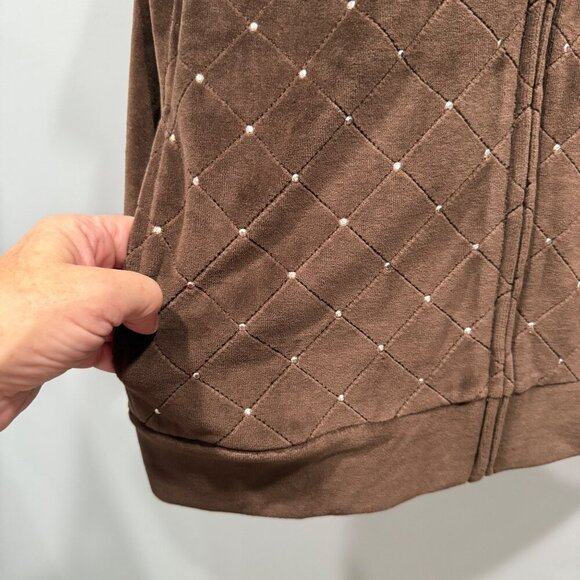 Quacker Factory Velour Zip Vest Rhinestones Pockets Western Rodeo Brown Sz L NEW - Picture 3 of 11